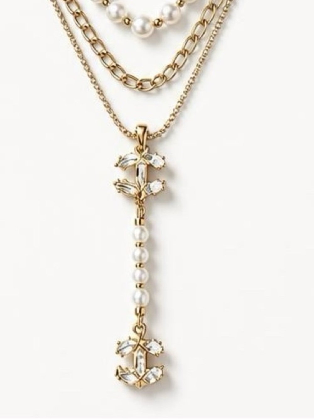 Fashion Jewelry Gold and White Multi-Layer Pearl Drop Necklace